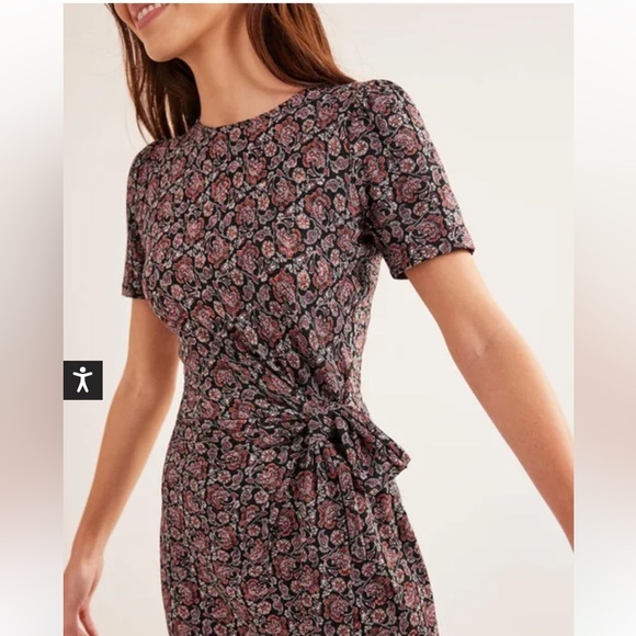 Boden Knot Front Short Sleeve Jersey Midi Dress Black Block Paisley Print Sz 4 - Picture 2 of 15